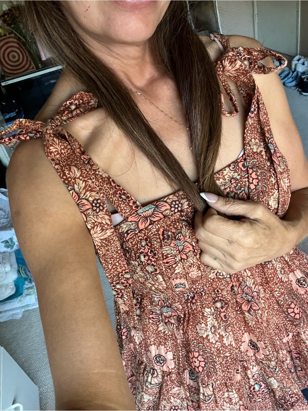 Coquette Ulla Johnson Strap-Tie Floral Midi Dress in Rust and Peach